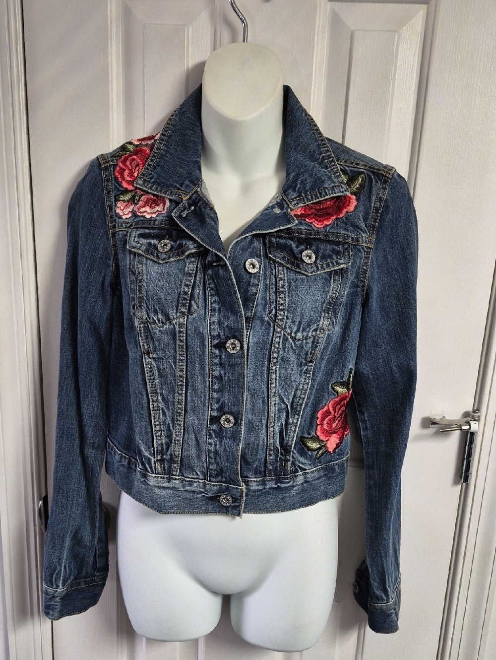 Women's Blue Denim Jacket with Rose Embroidery